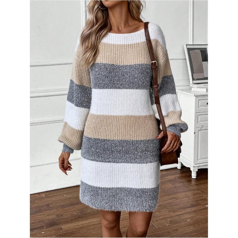 Chic Striped Long Sleeve Knit Dress - Perfect for Fall & Winter Style - Picture 5 of 5